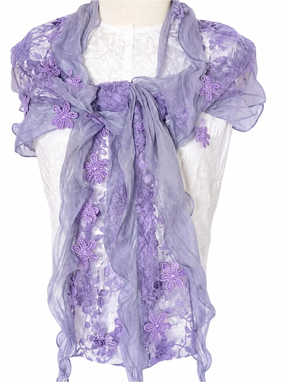 Kikiyo Scarf Purple‎ Mesh Lace Ruffles Embroidered Shabby Chic